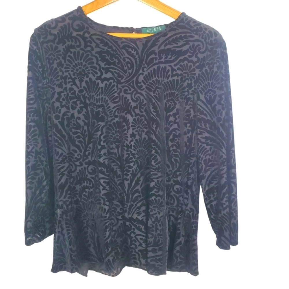 Lauren Ralph Lauren Black Velvet Patterned Blouse. Peplum. XL. D0062